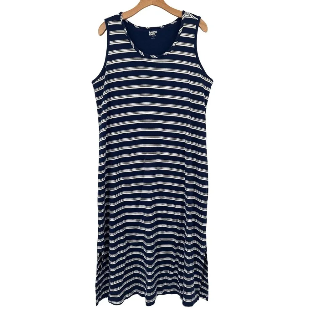 Lands End Womens Sleeveless Striped Dress size XL Blue Cotton knit shelf bra